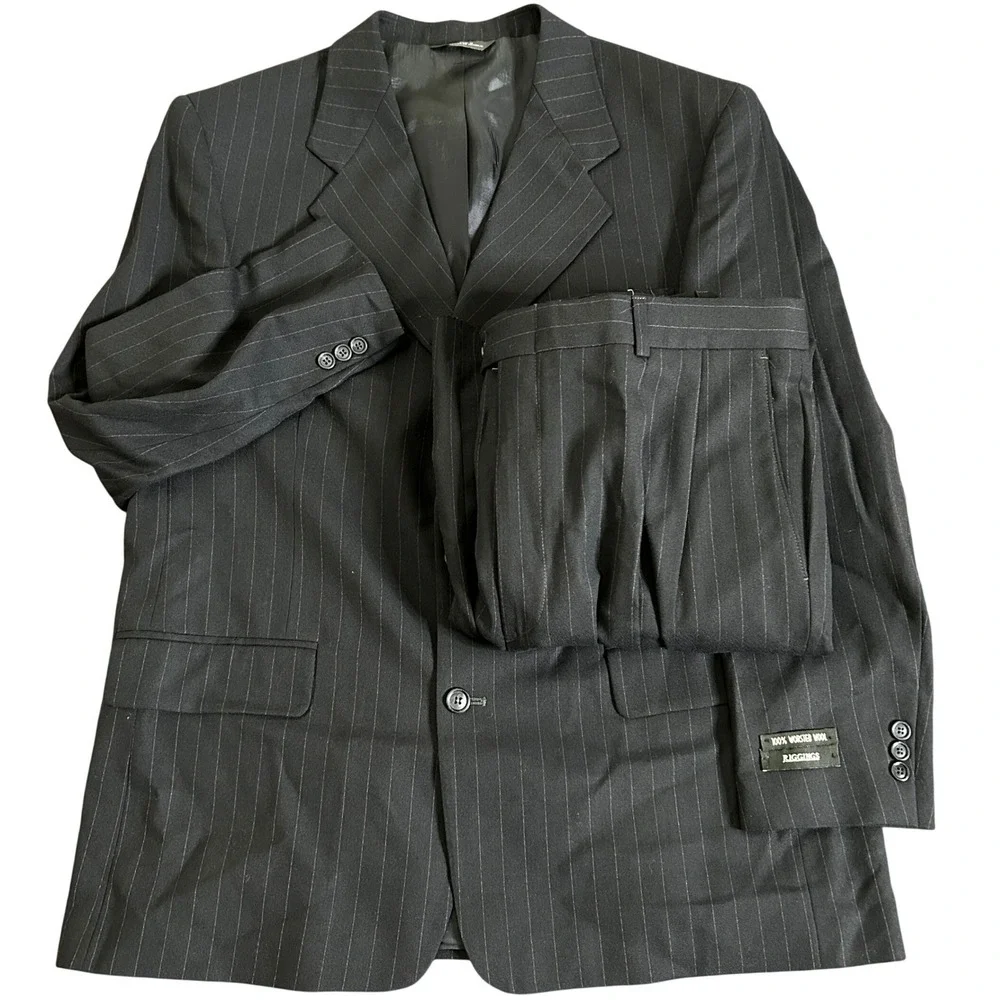 VTG Deadstock NWT J.Riggings Suit Set Men 46R x 39W Navy Pinstripe Wool 90's Y2K